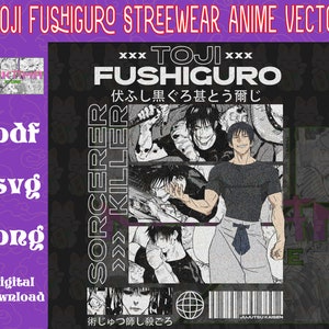 Puede incluir: Descarga digital con un diseño vectorial de anime en blanco y negro. El diseño incluye el texto "TOJI FUSHIGURO" y "SORCERER KILLER" con caracteres japoneses. La imagen también incluye un código de barras y el texto "JUJUTSU KAISEN".
