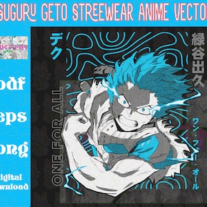 May include: A digital illustration of an anime character with blue hair and a white and blue outfit. The character is in a fighting pose with their fist clenched. The background is a black and white pattern with the text "ONE FOR ALL" and "緑谷出久" in Japanese.