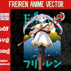 Può includere: Un'illustrazione digitale di un personaggio femminile di anime con lunghi capelli viola, che indossa una veste bianca e dorata, tenendo uno scettro con un gioiello rosso in cima. Lo sfondo è un gradiente blu e giallo con nuvole e uccelli. Il testo "FREIREN ANIME VECTOR" è in cima all'immagine, e il testo "フリルン" è in fondo all'immagine.