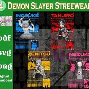 Puede incluir: Cuatro ilustraciones digitales de personajes del anime Demon Slayer. Cada ilustración presenta un personaje diferente: Inosuke, Tanjiro, Zenitsu y Nezuko. Las ilustraciones están en un estilo gráfico colorido con texto japonés.