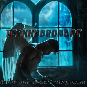 Fallen Angel - gothic picture as gift for halloween or boyfriend birthday, handsome man in gay art wallposter decor