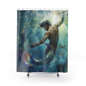 Merman Shower Curtain - Gay Bathroom Decor with Rainbow Tail Merman - LGBT Home Decor and Sexy Design