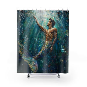 Merman Shower Curtain - Gay Bathroom Decor with Rainbow Tail Merman - LGBT Bath Decor and Sexy Design