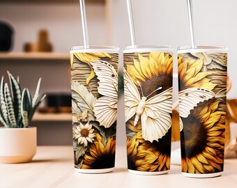 3D Butterfly Sunflowers Tumbler Wrap sublimation wood engraving designs 20oz skinny tumbler digital download sunflower png butterfly png