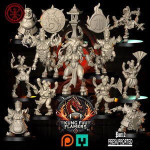 Op de afbeelding: Een set van 12 miniatuurfiguren, geschilderd in grijs, die verschillende personages voorstellen, waaronder een draak, een vrouw met hoorns en een man met een lantaarn. De figuren zijn gerangschikt op een zwarte achtergrond met een rood en gouden logo waarop "Kung Fuu Flamers" en "Part 2 Presupported" staat.