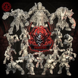 May include: A set of 15 miniature figures, painted in gray and black, depicting various demonic creatures. The figures are arranged in a circle around a red and black logo that reads "Godfist".