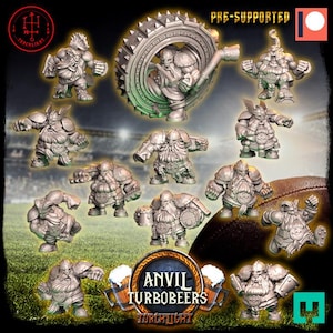May include: A set of 12 pre-supported 3D printed miniatures of dwarves playing a game of football. The miniatures are in various poses, including running, blocking, and throwing a ball. The miniatures are painted in a grey colour and are ready to be assembled and painted.