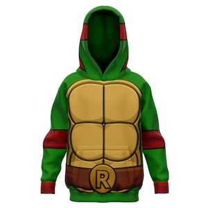 May include: Green hooded sweatshirt with a cartoon turtle shell design on the front. The shell is brown and yellow with a red band around the middle. The letter "R" is on the band.