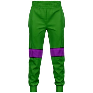 May include: Green sweatpants with a purple stripe down the side of each leg.