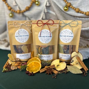 May include: Three brown paper bags of potpourri with clear windows, tied with twine. The bags are labeled "GingerBread", "Winter Forest", and "Holiday Pie". Dried orange slices, cinnamon sticks, and other spices are arranged around the bags.