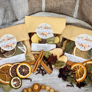 May include: Three tan paper pouches labeled Plant Lady Botanicals containing dried fruit, spices, and herbs. The labels read Clean & Cozy, Holiday Pie, and Winter Forest. Loose dried orange slices, cinnamon sticks, and star anise are arranged below.