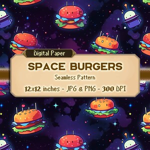 Space Burgers nahtloses Muster, digitales Papier, druckbar, digitales Muster, kommerzielle Nutzung genehmigt, PNG & JPG, Sofortiger Download