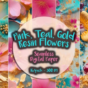 May include: A digital paper pack featuring 16 seamless patterns of pink, teal, and gold resin flowers. The patterns are perfect for crafting, scrapbooking, and digital design.