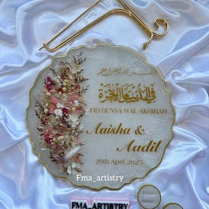 Custom Resin Wedding Ring Tray: Nikkah Plaque with Preserved Flowers