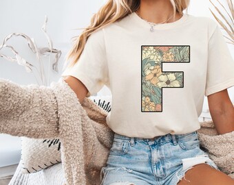 Custom Floral Monogram T-Shirt, Personalized Initial Tee