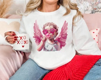 Romantic Angel Wing Shirt, Cupid Blowing Bubble Gum Shirt, Peace Sign Bubblegum Tee, Cute Pink Heart Shirt, Valentine's Day XOXO Sweat