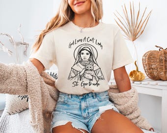 Cat Lady St. Gertrude Catholic Womens Shirt, Catholic Cat Mom Shirt, Catholic Saint Tee, Catholic Gift, Womens Catholic Tee, Cats for Kamala