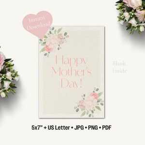 Carte florale minimale pour la fête des mères - PDF Jpg Png 5 x 7 imprimable + lettre US - Design rose pâle - téléchargement immédiat