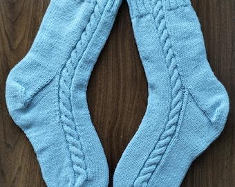 Hand Knitted Socks with Soft Pure Merino Wool Yarn in Ice Blue Color