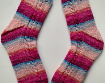 Colorful Hand Knitted Wool Blend Socks with Cable Panels