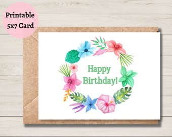 Happy Birthday Card, Hawaiian Floral Birthday Card, Digital Download, 5x7 card.