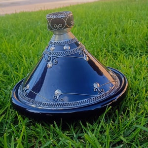 Moroccan ceramic tagine decorated with nickel silver available in several colors, Moroccan crafts