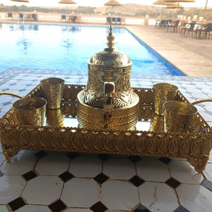 Traditional Moroccan golden teapot set, Four brass glasses, Brass tea service, Moroccan craftsmanship