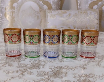 Set of 5 Moroccan Crystal Tea Glasses in Zellige Fassi Style - Traditional Moroccan Crafts