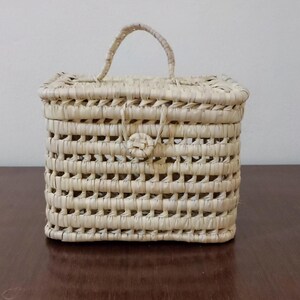 May include: A small, rectangular woven basket with a handle and a button closure. The basket is made of natural straw and has a light beige color.