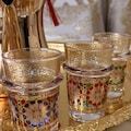 Set of 5 colored crystal beldi tea glasses - Unique Moroccan handcrafted designs - Height 9.5 cm - Width 6 cm product logo