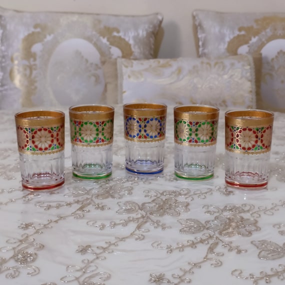 Ensemble de 5 Verres à Thé Marocains en Cristal Style Zellige Fassi - Artisanat Traditionnel Marocain