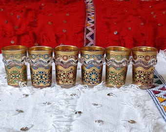 Set of six colorful Beldi tea glasses from Moroccan craftsmanship
