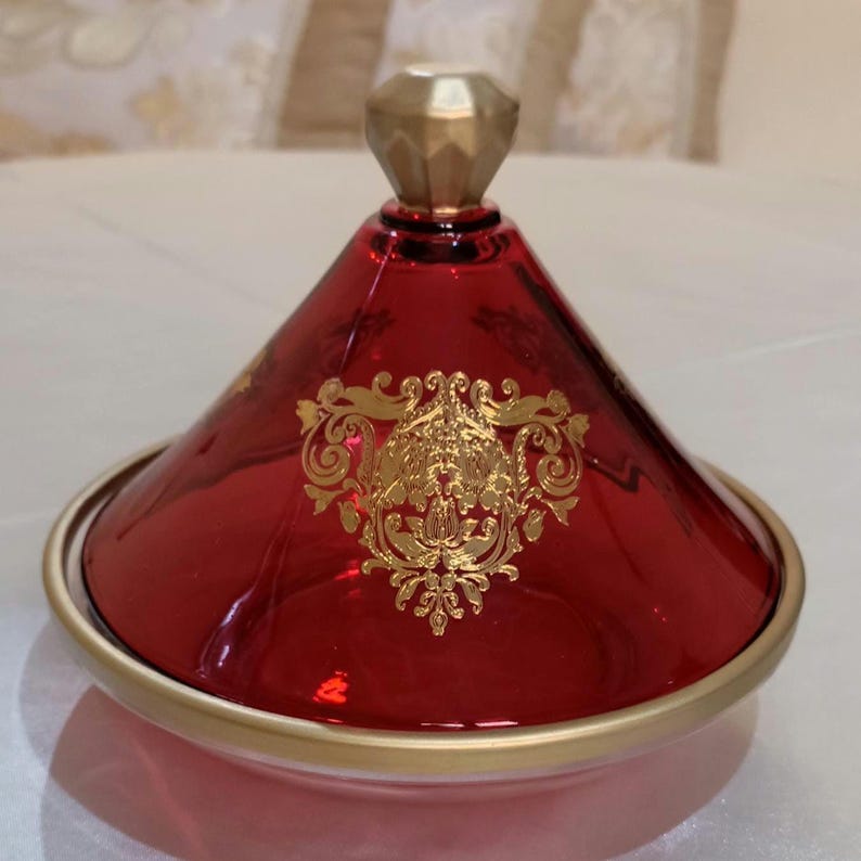 Handgjord marockansk tajine i färgat glas: Den bästa unika presentidén! Röd