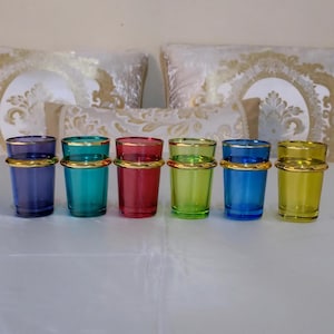 Six colorful Moroccan beldi glasses handmade from Moroccan craftsmanship