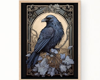 Art Nouveau Magical Raven Painting Art Print, Vintage Painting, Home Decor, Wall Decor, Magical School Decor, Ravenclawe Aesthetic