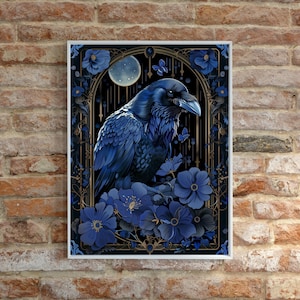 Art nouveau, impression d'art peinture corbeau botanique magique, peinture vintage, décoration d'intérieur, décoration murale, déco école de magie, esthétique Serdaigle