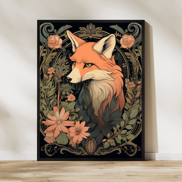 Art Nouveau Fox Floral Painting Art Print, Vintage Painting, Home Decor, Wall Decor, Dark Academia, Witchy Decor, Spooky Artwork