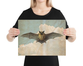 Vintage Bat Lithograph Print Illustration | Antique Halloween Wall Art | Dark Moody Bat Art Print | Spooky Wall Decor | Witchy Decor