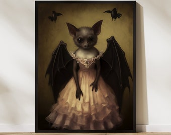 Gothic Bat in Dress, Art Print, Vintage Poster, Art Poster Print, Home Decor, Goth Wall Decor, Dark Academia, Witchy Decor, Spooky Artwork