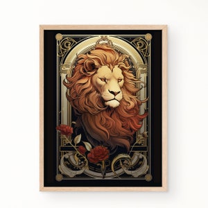 Peut inclure: Une illustration numérique d'une tête de lion avec une crinière dorée sur un fond sombre. Le lion est entouré de détails dorés ornés et de roses rouges.