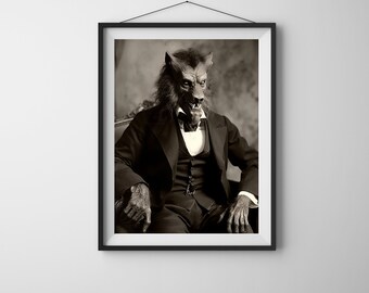 Werewolf Portrait Antique Photo, Art Print, Vintage Poster, Home Decor, Goth Wall Decor, Dark Academia, Witchy Decor, Spooky Artwork