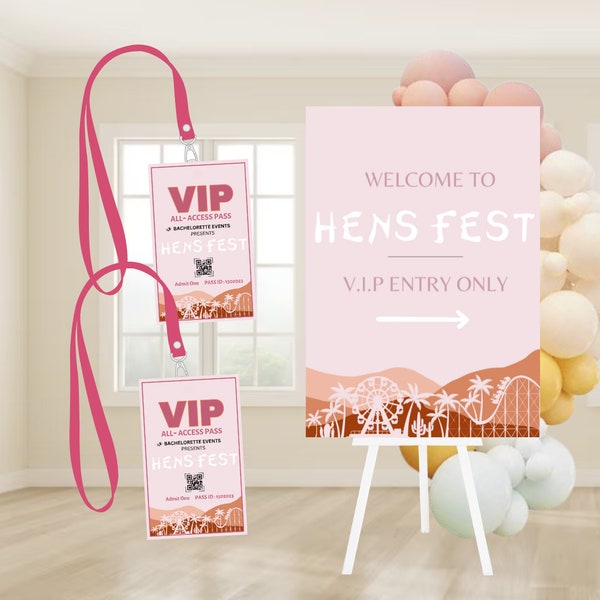 Hens Party Festival Welcome Sign & Lanyard Printable Coachella Bachelorette Party Decor Music Festival Hens Party Welcome Sign Bride to Be