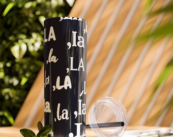Kamala - ,LA, Comma-la in multiple fonts custom print, Skinny Tumbler with Straw, 20oz, Vote Kamala Harris, Kamala 2024