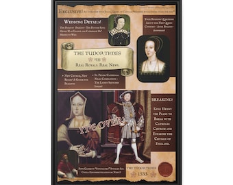 The Tudor Times Framed Canvas, Featuring Anne Boleyn, King Henry VIII and Catherine of Aragon, History Tabloid