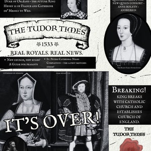 The Tudor Times - Featuring Catherine of Aragon, King Henry VIII, Anne Boleyn and more! A Historical Tabloid Print - B&W.