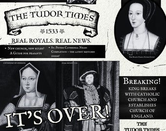 The Tudor Times - Featuring Catherine of Aragon, King Henry VIII, Anne Boleyn and more! A Historical Tabloid Print - B&W.