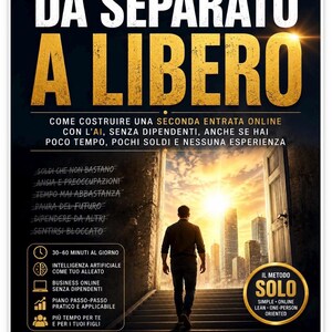Può includere: Copertina del libro Da Separato a Libero di Alessandro Russo. L'immagine mostra una persona che cammina verso una porta aperta e luminosa che si affaccia su una città. Include testo su reddito online con IA, il metodo Solo e varie icone.