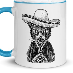 mexican cat sombrero mug with color inside, mexicano, mexico, spanish, left handed, lefty