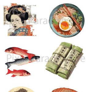 Collage digital journal japonais retro, images digitales, clipart carte scrapbooking PNG