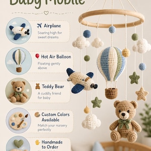 Handmade Crochet Adventure Baby Mobile | Airplane, Hot Air Balloon, Teddy Bear Nursery Decor